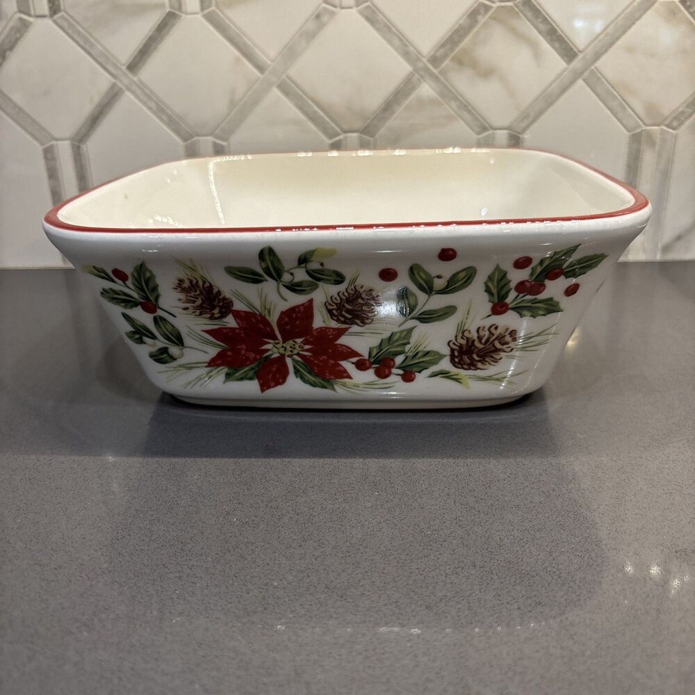 Longaberger Ceramic Large Dish Natures Garland Holly Pinecones Square Bowl 9"